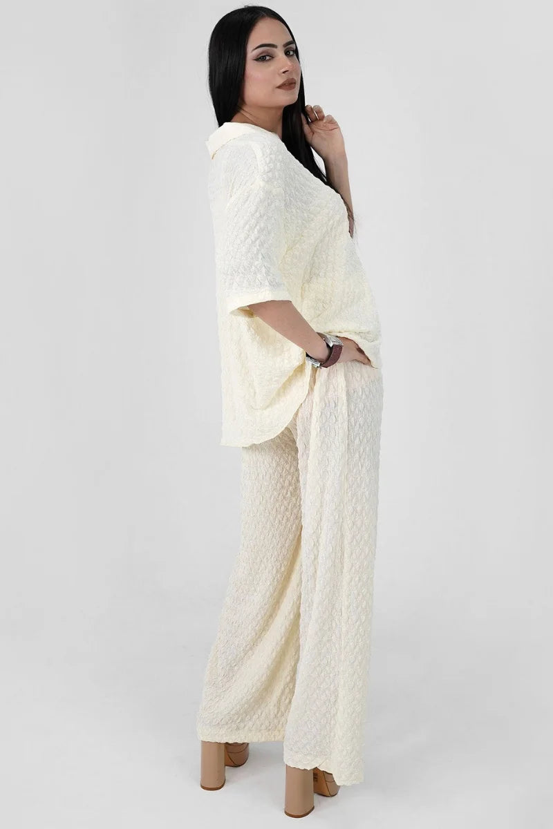 Model wearing Bubble Crinkle White Co-Ord Set