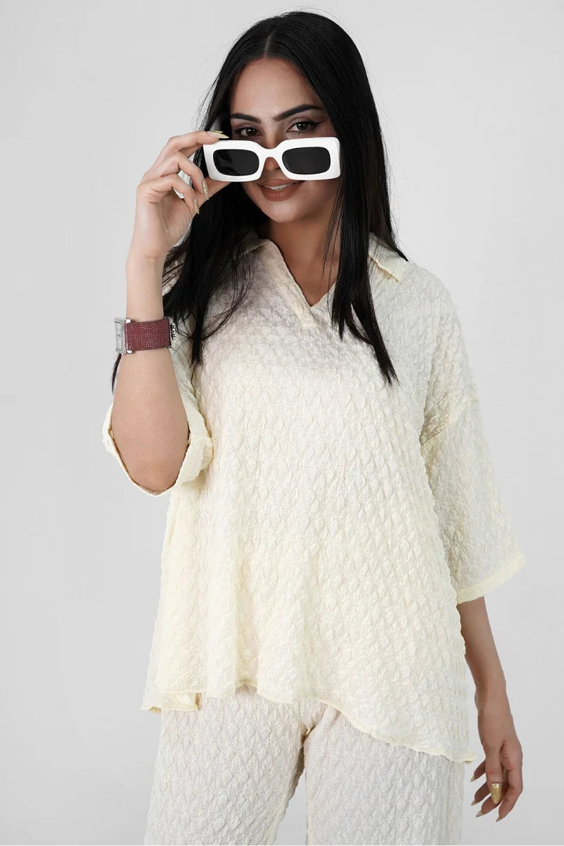 Bubble Crinkle White Co-Ord Set styled look