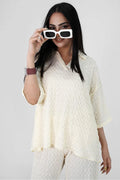 Bubble Crinkle White Top styled look