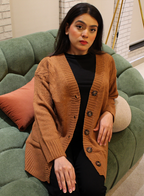 Brown V-neck vintage cardigan for women - front view