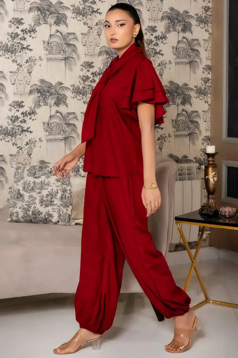 Rouge Co-ord Set tie-neck top close up