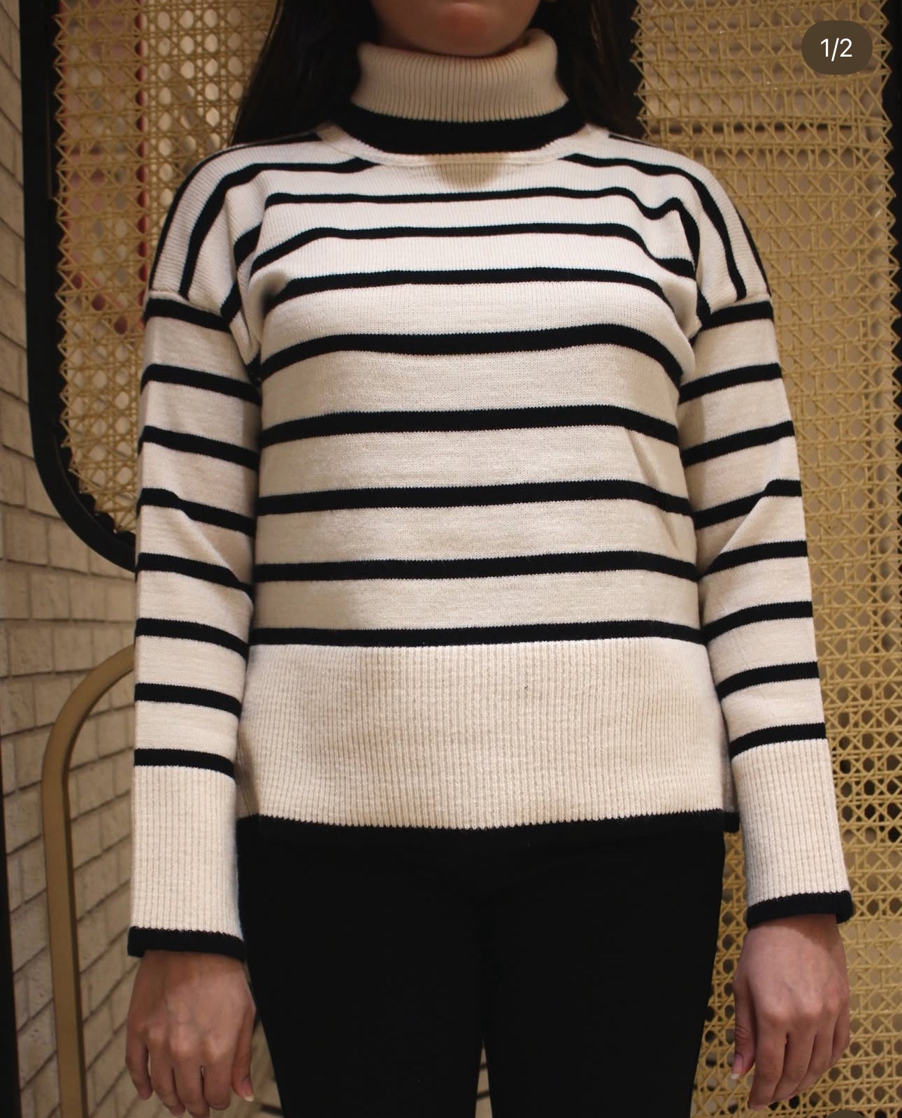 High-Neck Striped Knit Sweater