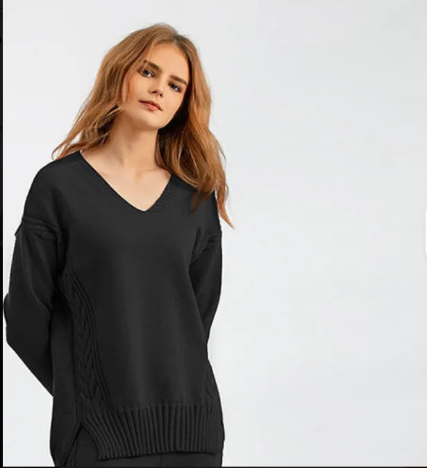 Women’s Solid Cable-Knit Sweater — V-Neck, Side-Slit Hem