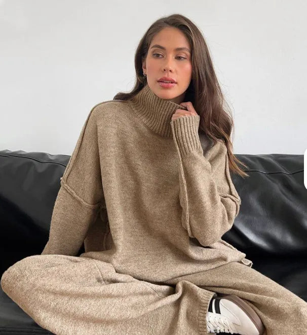 Gray turtleneck sweater and wide leg pants set - front view