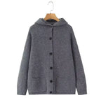 Gray hooded cardigan button detail close up