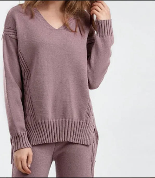 Women’s Solid Cable-Knit Sweater — V-Neck, Side-Slit Hem