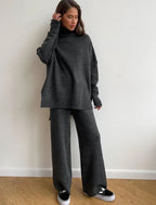Light brown turtleneck sweater wide leg pants co-ord