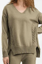 Khaki cable-knit V-neck sweater for women