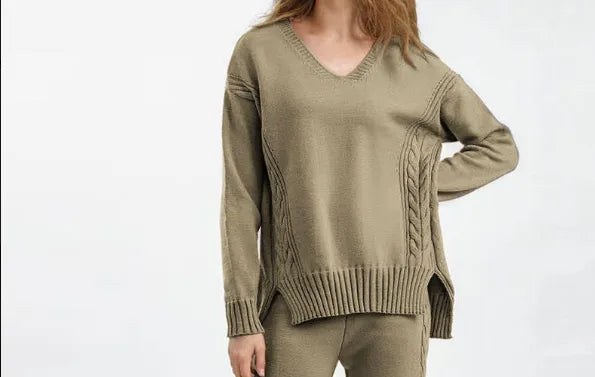 Women’s Solid Cable-Knit Sweater — V-Neck, Side-Slit Hem