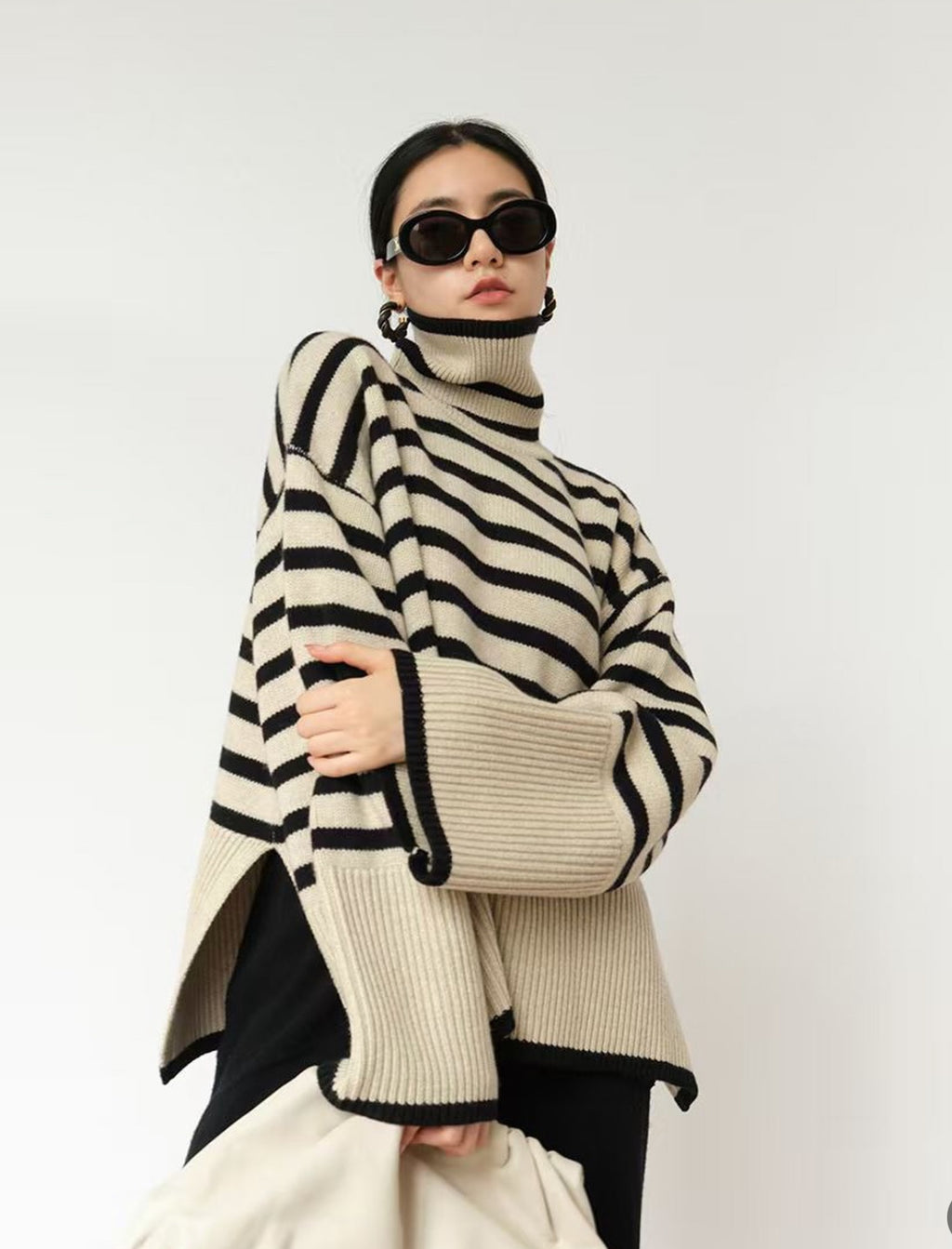 High-Neck Striped Knit Sweater