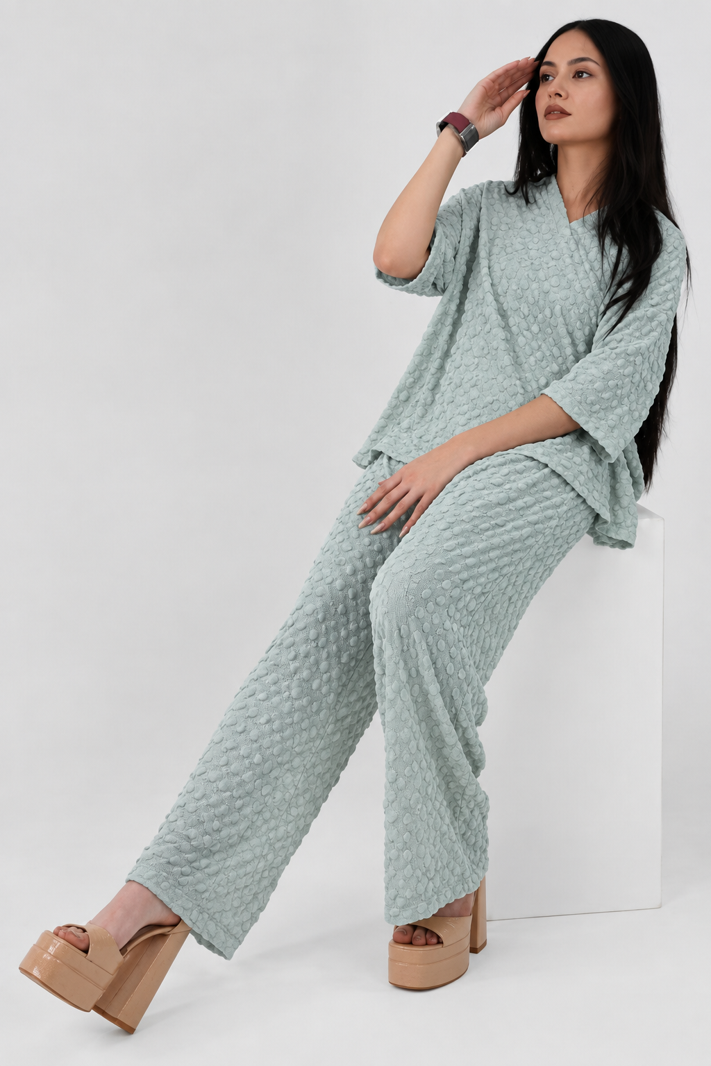 Bubble crinkle dusty aqua co ord set