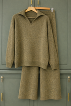 Gray knit sweater high-waist wide leg pants set