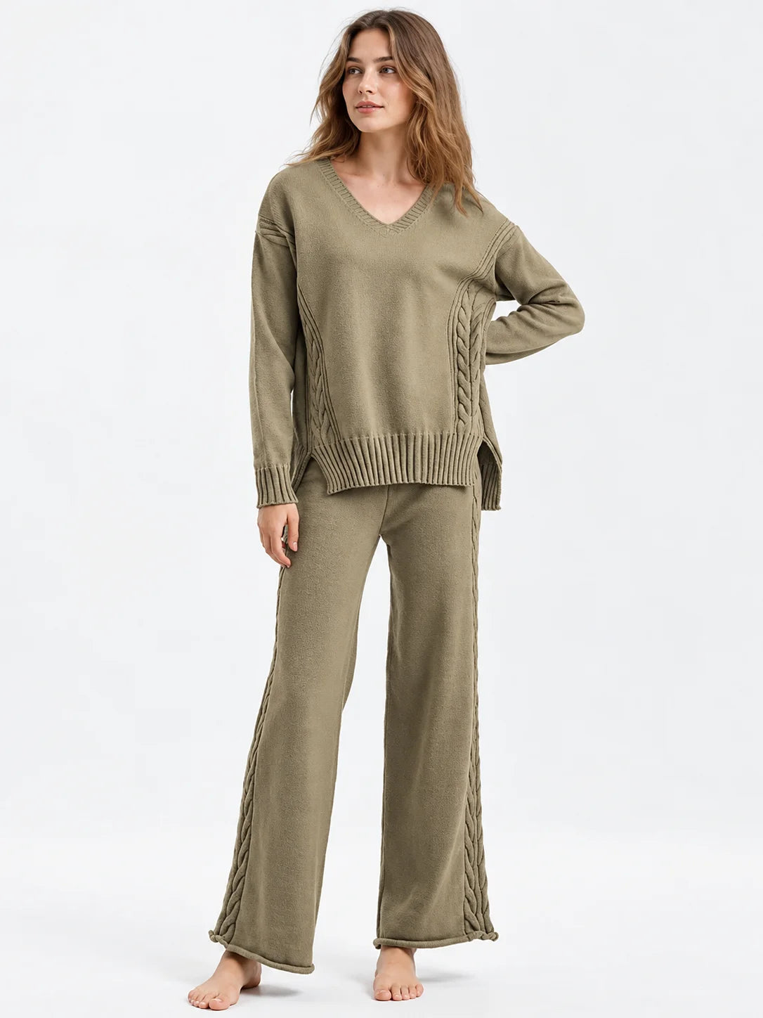 Cable-Knit Sweater & Knitted Wide-leg Pants Co-Ord Set
